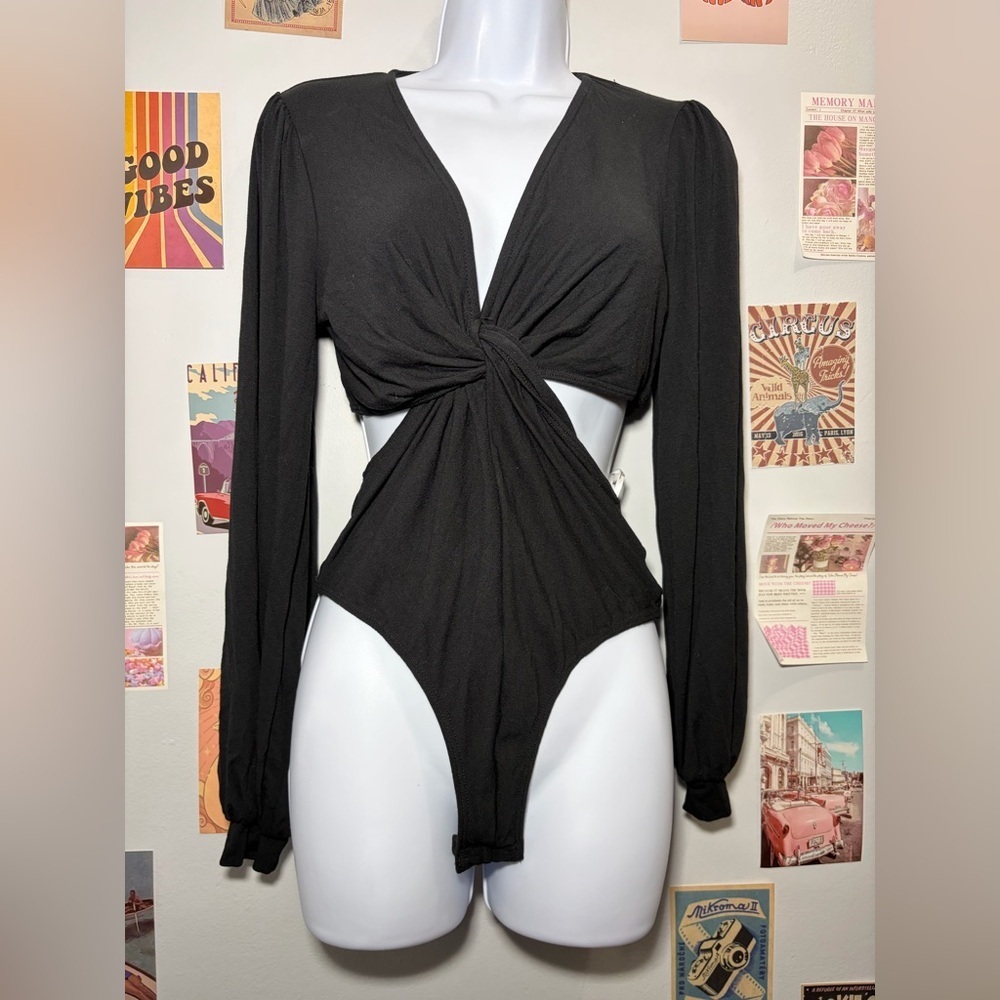 Black Twist-Front Long Sleeve Bodysuit
